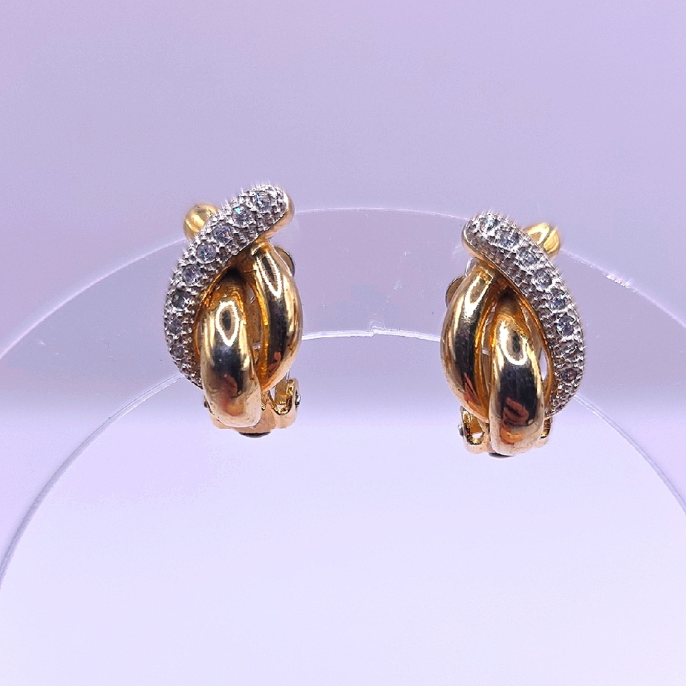 Vintage Goldtone and Crystal Knot Design Clip-On Earrings
